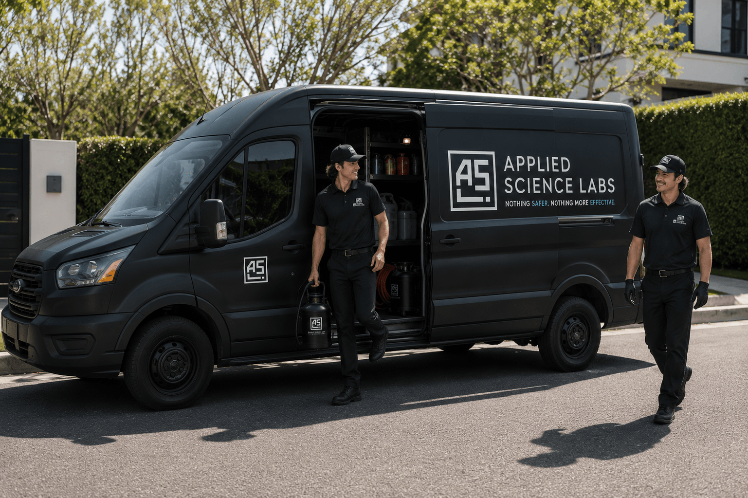 Two Applied Science Labs operators outside a matte-black service van, one carrying a VA88 sprayer