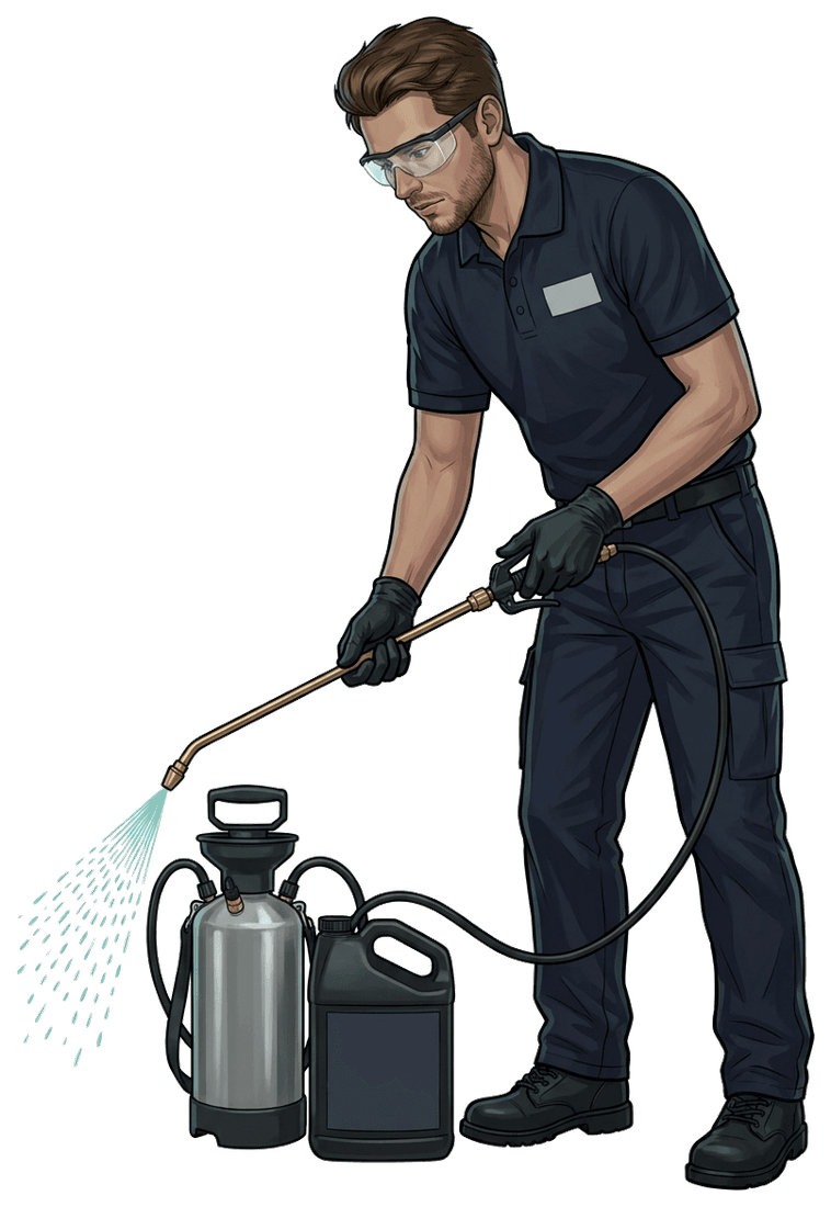 Technician applying VA88 with a pump sprayer wand along the base of a bed