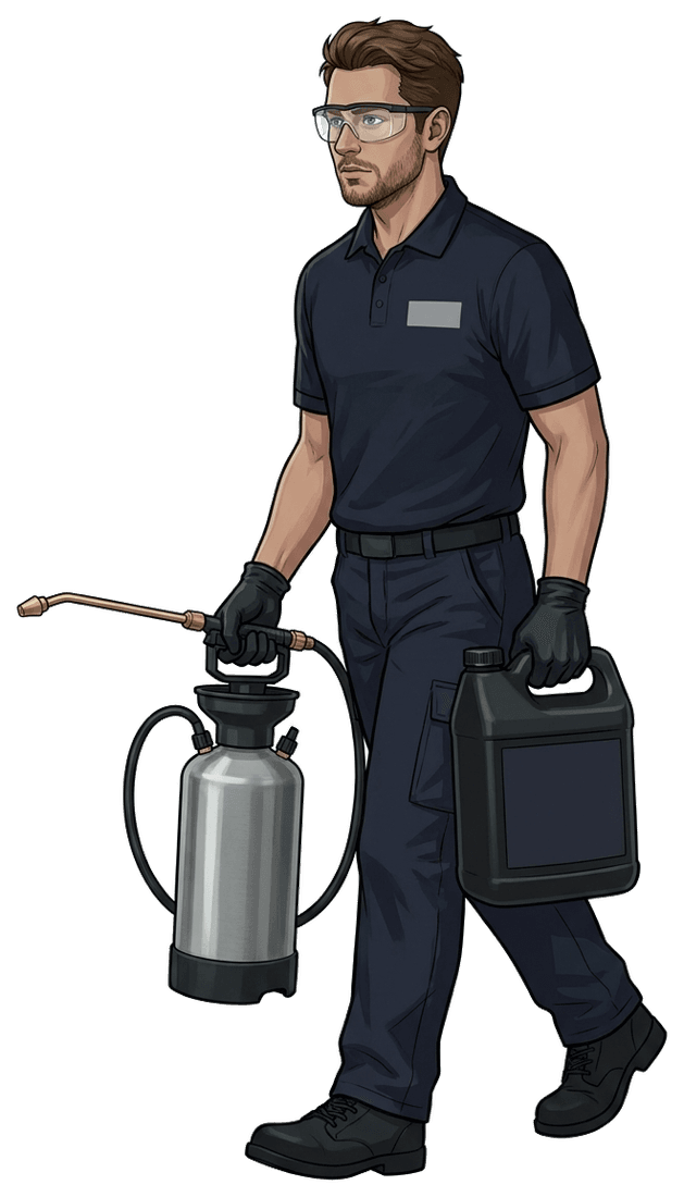 Technician carrying a pump sprayer and a jug of VA88 down a corridor