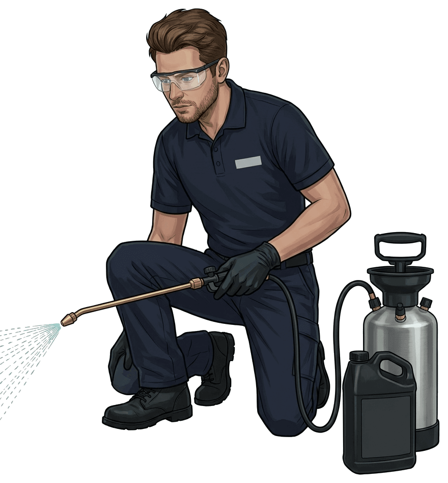Technician kneeling to spray low along the base of seating